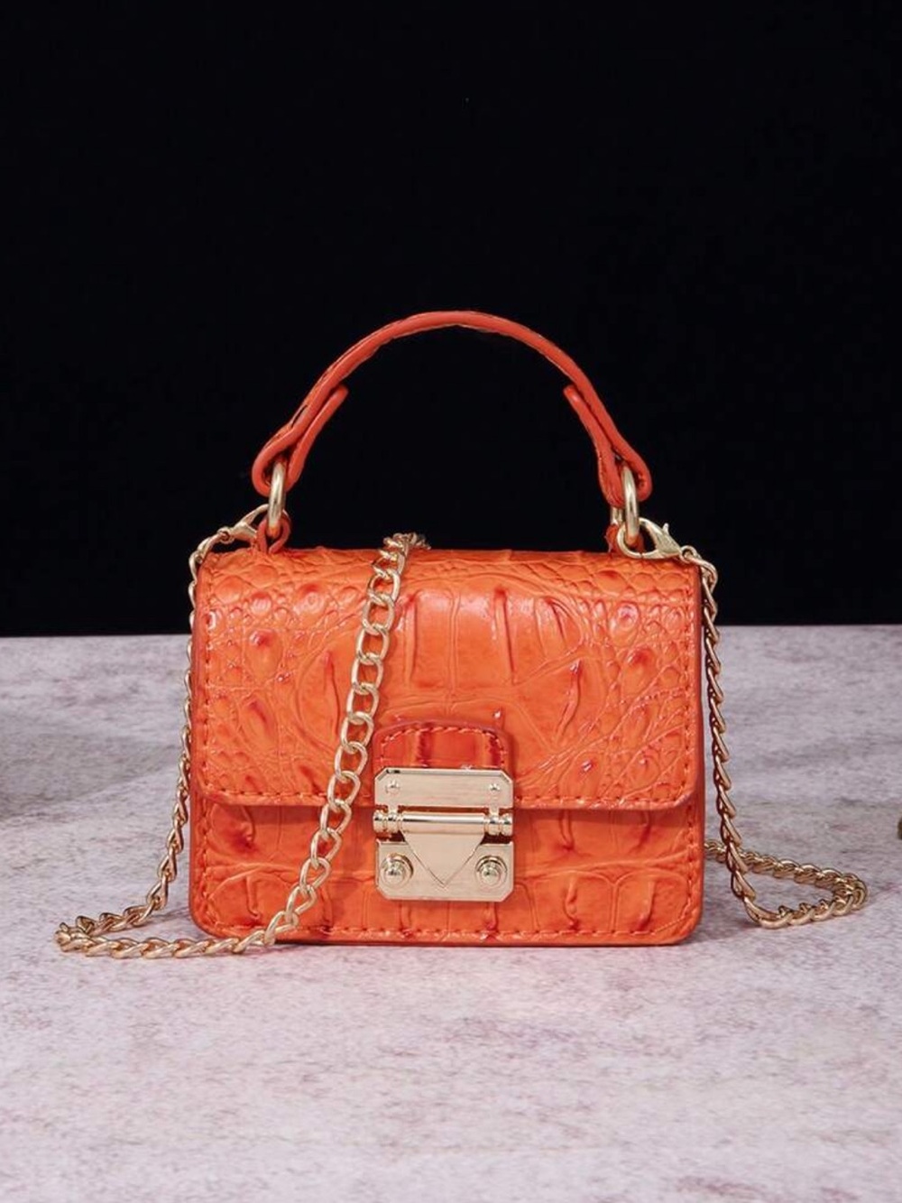 Croc-Embossed Mini Top-Handle Bag in Orange with Gold Hardware